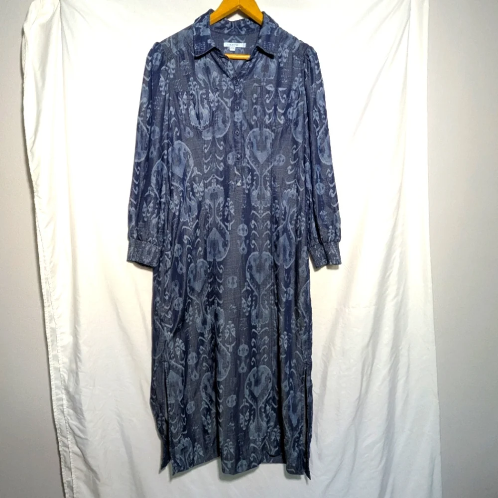 Chico’s Women’s‎ Blue Teaneck Ikat Print Maxi Shirt Dress, Comfy, Casual Sz 4P